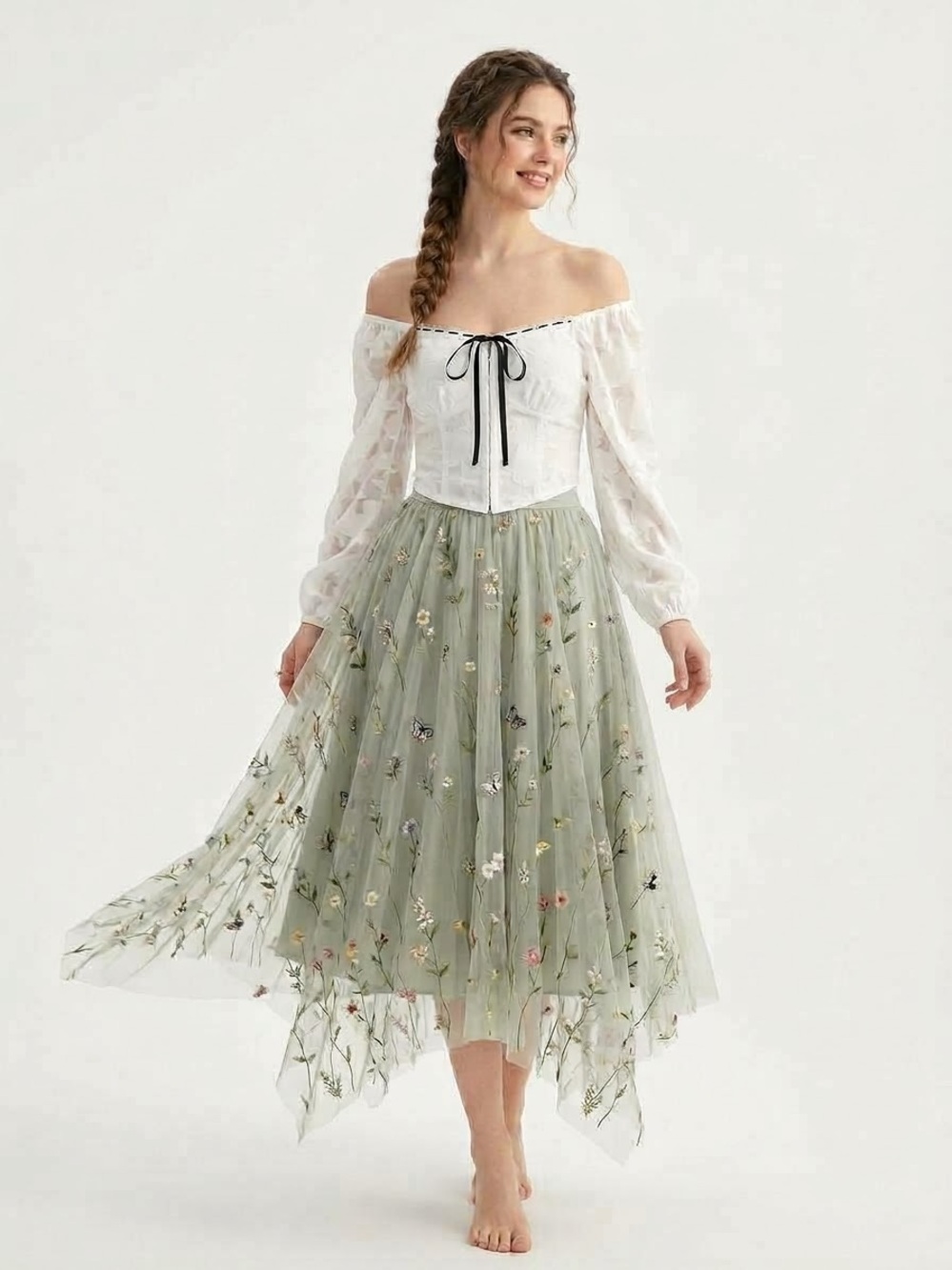 NWT Francesca's Collections White Peasant Blouse with Black Tie - M